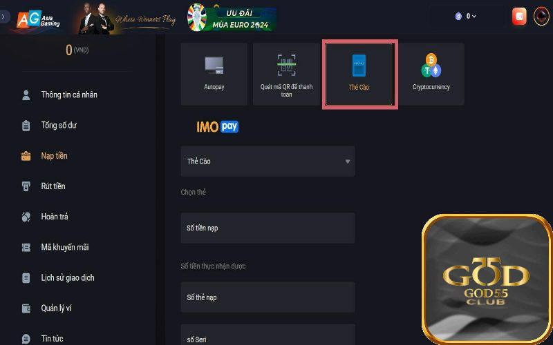 Nạp tiền God55 qua tài khoản ví điện tử